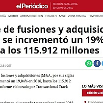 El importe de fusiones y adquisiciones en Espaa se increment un 19% en 2018, hasta los 115.912 millones